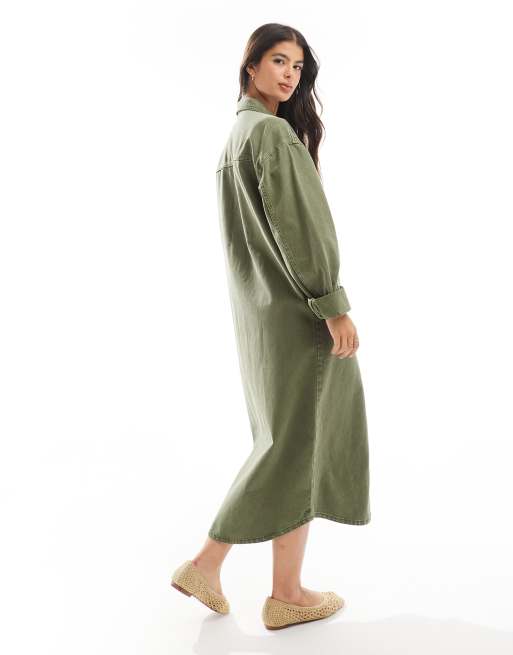 ASOS DESIGN denim maxi shirt dress in green wash, 2 of 4
