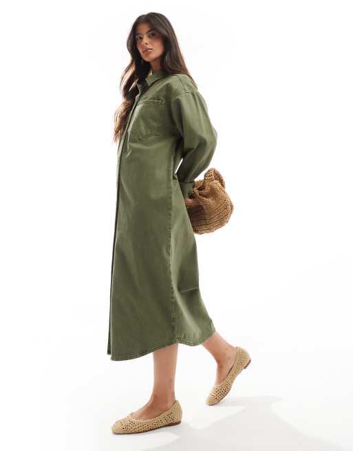 ASOS DESIGN denim maxi shirt dress in green wash, 4 of 4