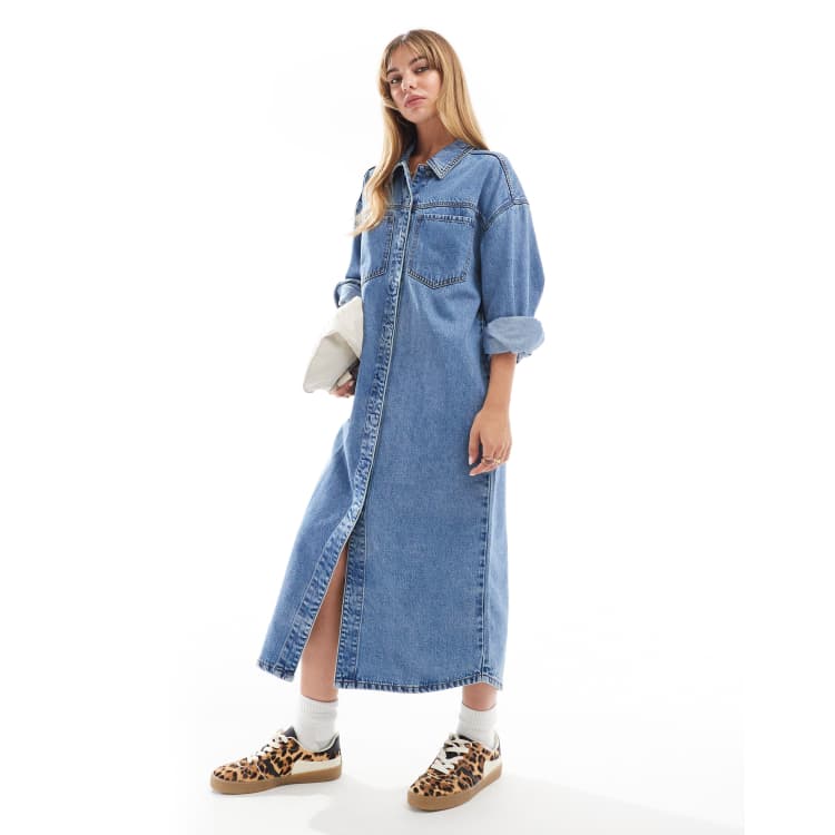 ASOS DESIGN denim maxi shirt dress in mid wash blue | ASOS