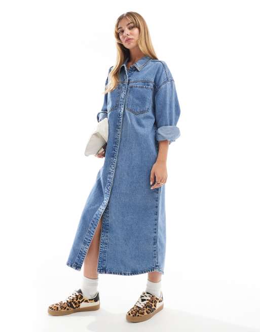 denim maxi shirt dress Women's Long Sleeve This elegant denim shirt dress is a versatile piece designed for spring and everyday wear Mylie Denim Maxi Dress -