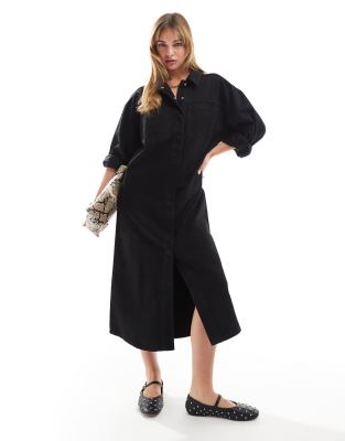 denim maxi shirt dress in washed black