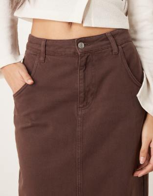 Asos Design Denim Maxi Skirt With Back Slit In Brown