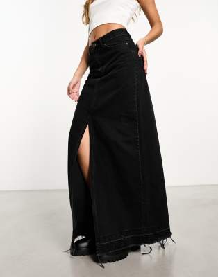 denim maxi skirt with double slit in washed black