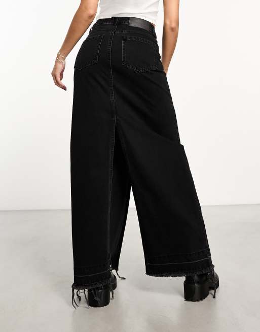 ASOS DESIGN denim maxi skirt with double slit in washed black | ASOS