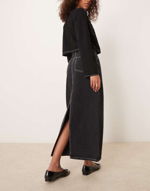 ASOS DESIGN denim maxi skirt with patch pockets and contrast