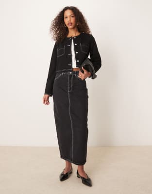 Asos Design Denim Maxi Skirt With Patch Pockets Contrast Stitching In Black