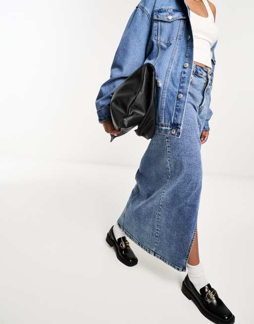 ASOS DESIGN denim maxi skirt with slit hem in midwash, 4 of 4