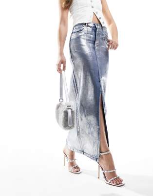 denim maxi skirt with split front in metallic silver