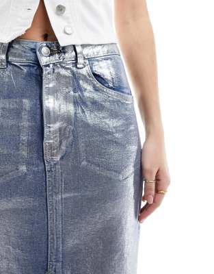 Asos Design Denim Maxi Skirt With Split Front In Silver