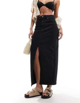 Asos Design Denim Maxi Skirt With Split Hem In Washed Black In Black