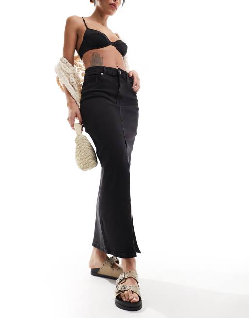 ASOS DESIGN denim maxi skirt with split hem in washed black