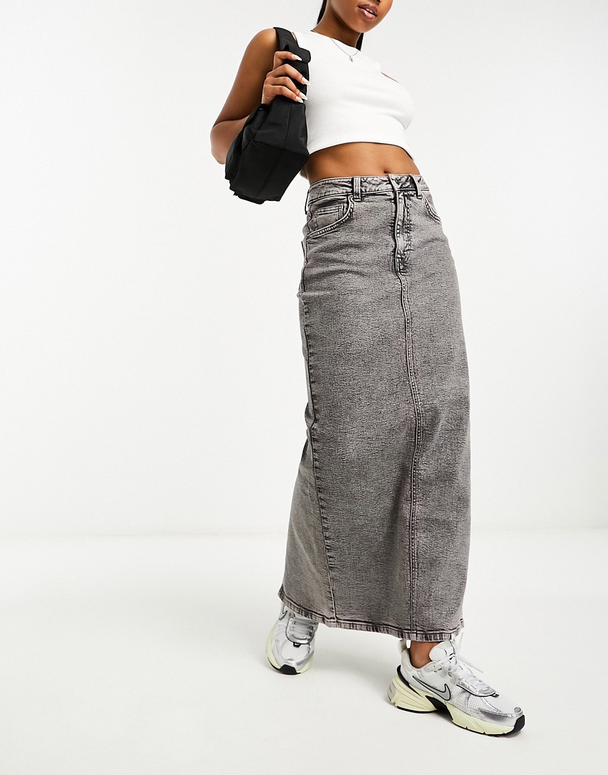 Asos Design Denim Maxi Skirt With Split Hem In Washed Gray