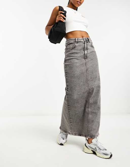 ASOS DESIGN denim maxi skirt with split hem in washed grey | ASOS