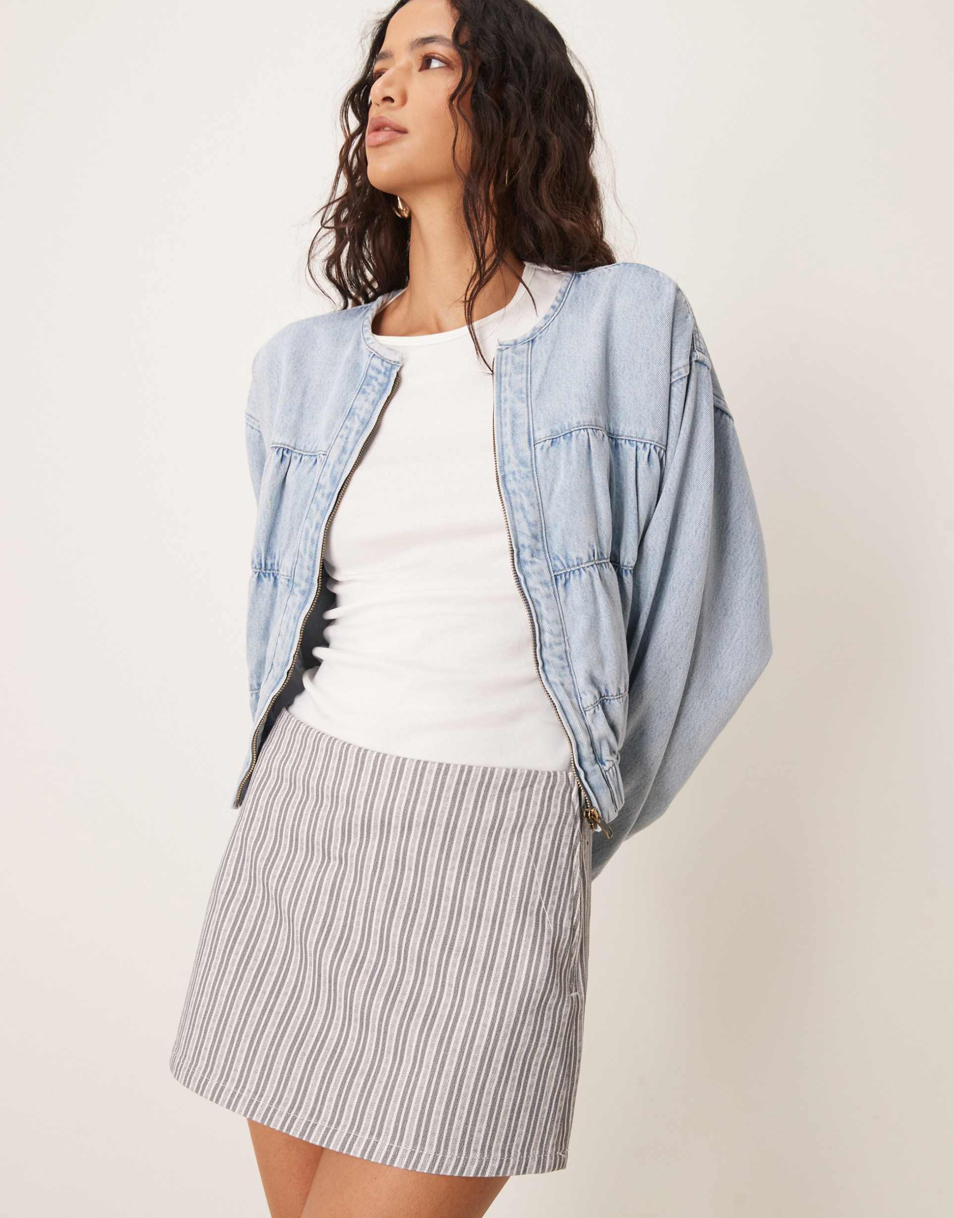 asos design denim micro mini skirt in charcoal pinstripe