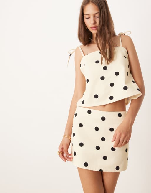 ASOS DESIGN denim micro mini skirt in polka dot print in butter yellow