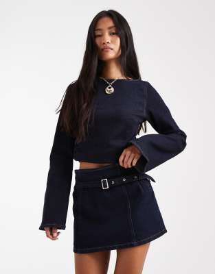 Asos Design Denim Micro Mini Skirt With Skinny Belt In Blue