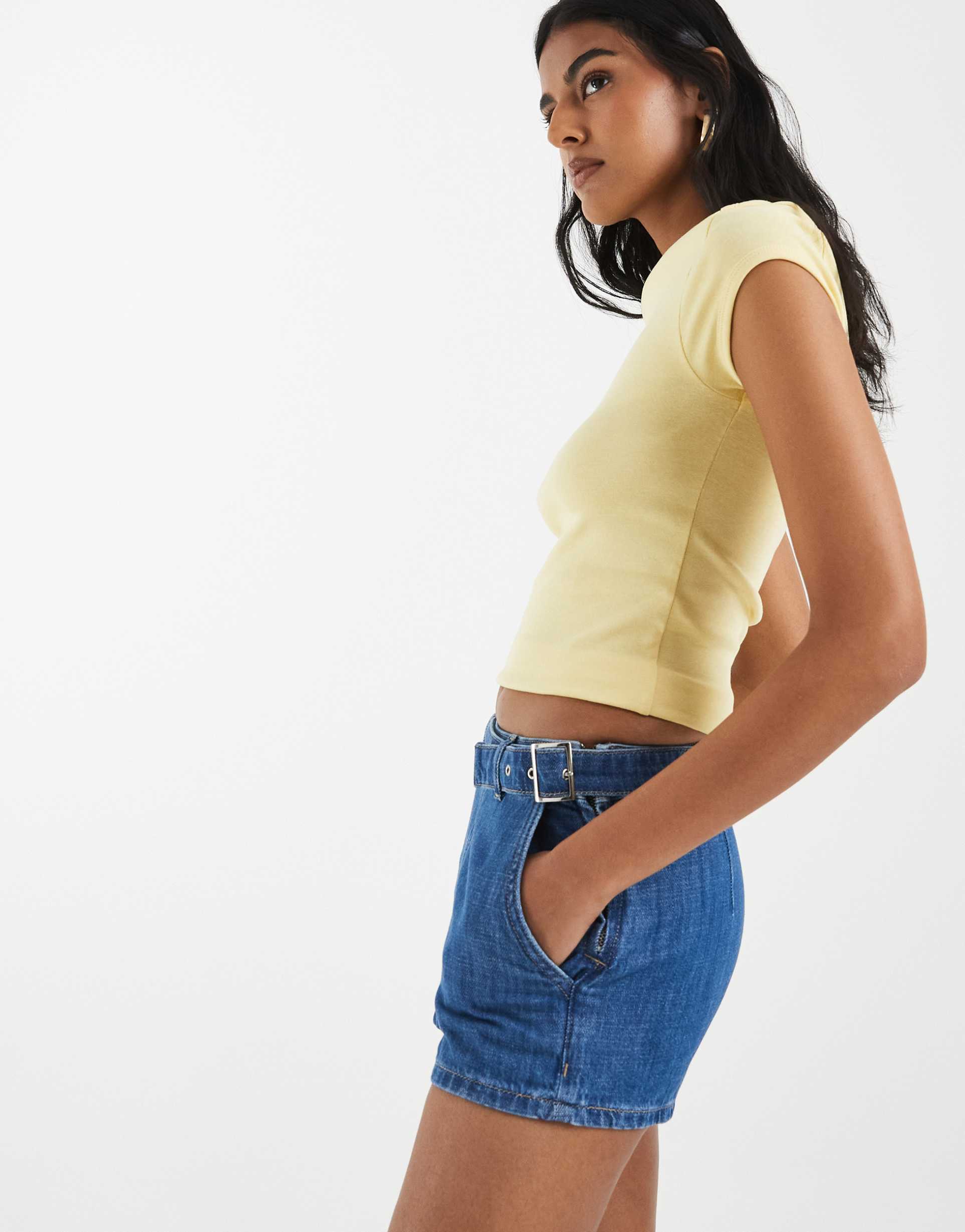 asos design denim micro shorts in mid blue