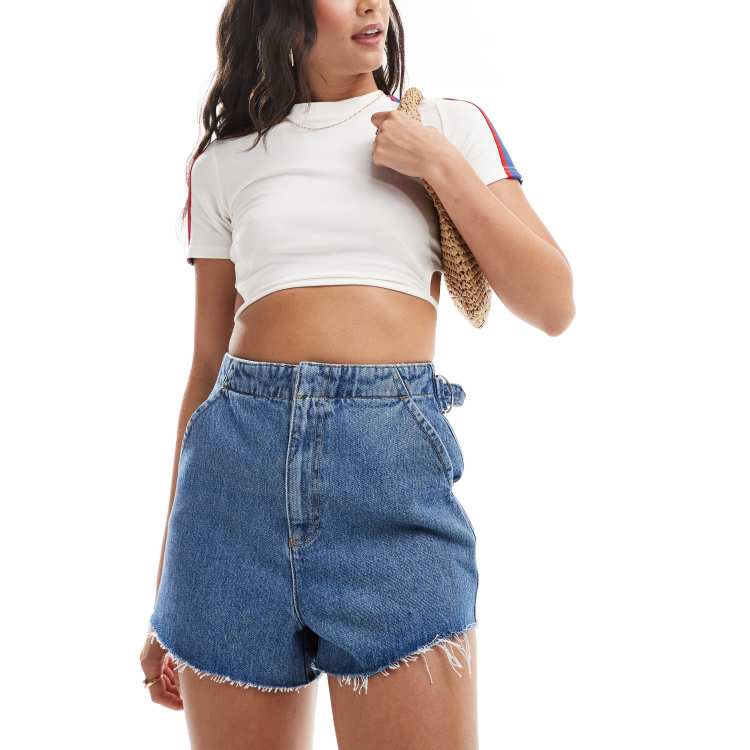 ASOS DESIGN denim micro shorts with cinch waist in midwash blue ASOS