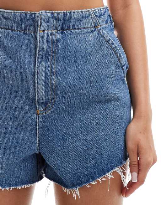 ASOS DESIGN denim micro shorts with cinch waist in midwash blue ASOS