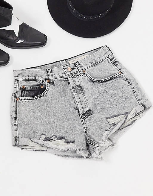 ASOS DESIGN denim mid rise relaxed ripped shorts in grey