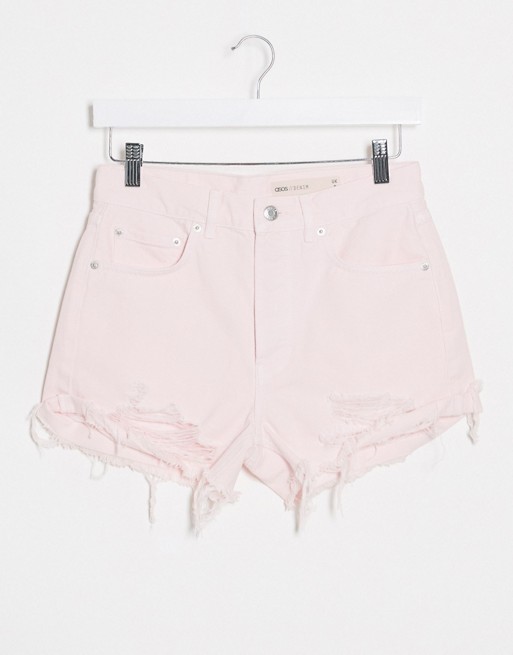 ASOS DESIGN denim mid rise relaxed ripped shorts in pink
