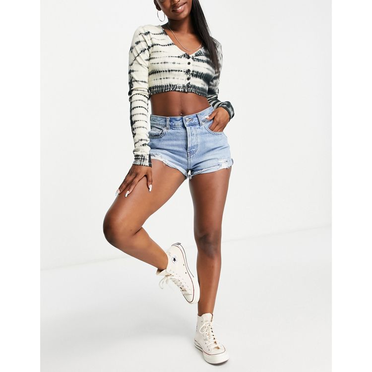 ASOS DESIGN denim mid rise 'relaxed' shorts in midwash with rips - BLUE
