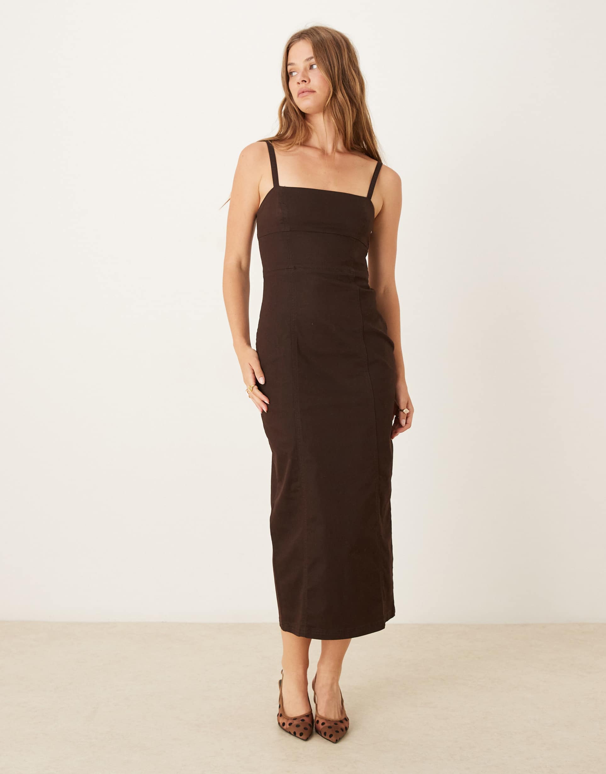asos design denim midaxi dress in chocolate