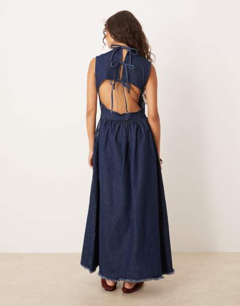 ASOS DESIGN denim midaxi dress with cut out back in rinse - view 1