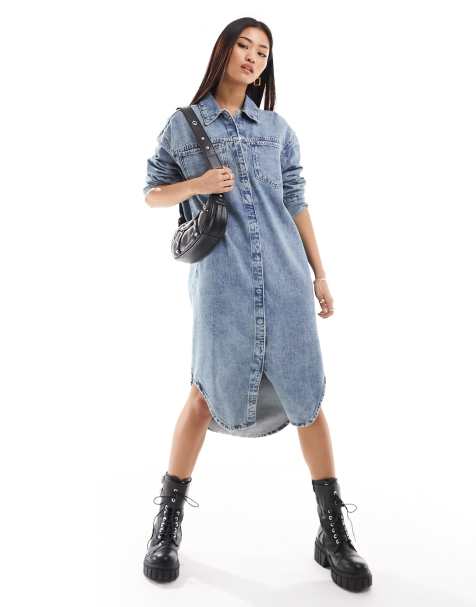 ASOS DESIGN denim oversized shirt dress in beige