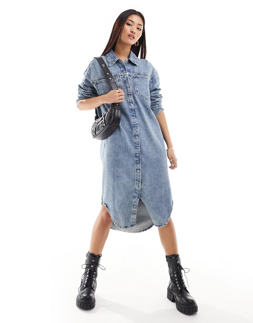 Asos Design Denim Midaxi Shirt Dress With Front Pockets In Vintage Blue