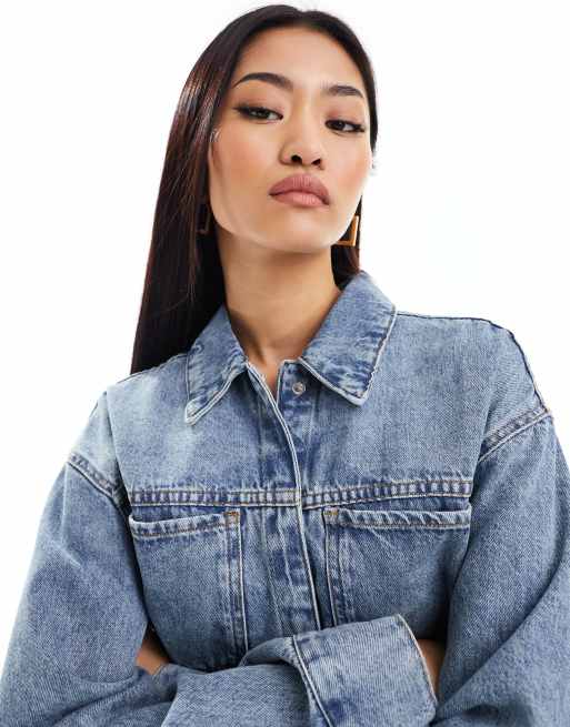 ASOS DESIGN denim midaxi shirt dress with front pockets in vintage blue, 2 of 4