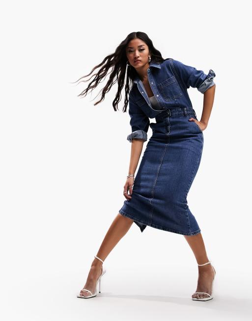 Asos Design Denim Midi Dress In Midwash Asos