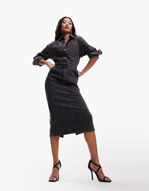 ASOS DESIGN denim midi dress in washed black - view 1