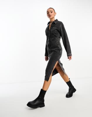ワンピース  JEANS Woman Dress Black DW0DW20330 BDS Baroque Buckle Midi Denim Dress | VERSACE US