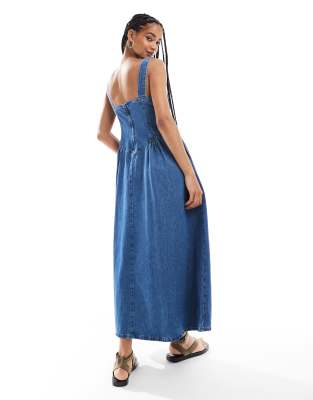 Asos Design Denim Midi Dress With Side Bustle Panels-blue