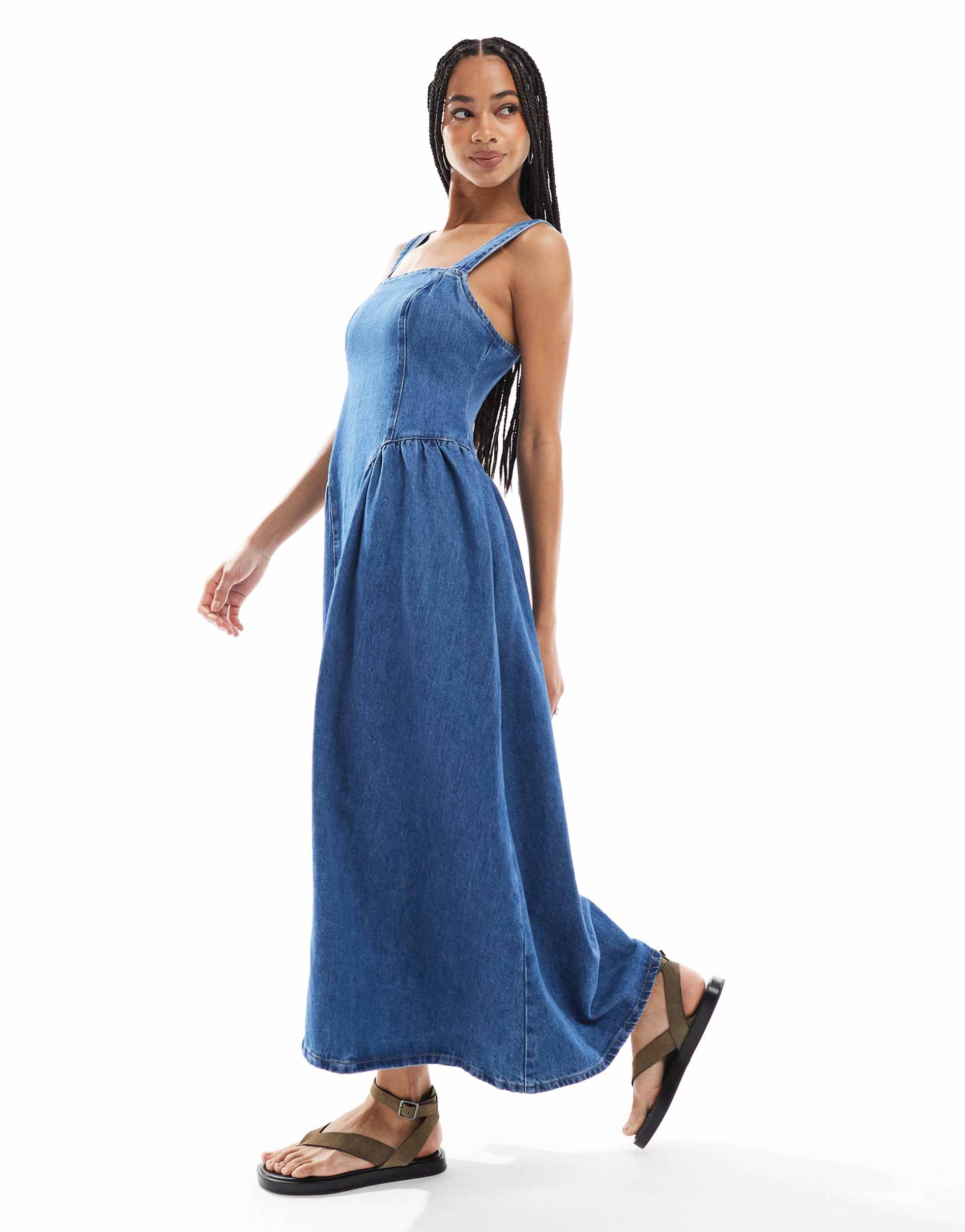 asos design denim midi dress with side bustle panels