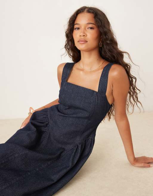 denim midi dress asos ASOS DESIGN denim midi dress with side bustle panels