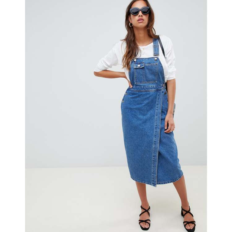 Piwonia - Washed Denim Midi Dungaree Dress