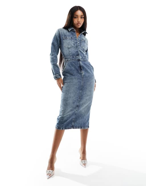 ASOS DESIGN - Denim midi-jurk in midwash