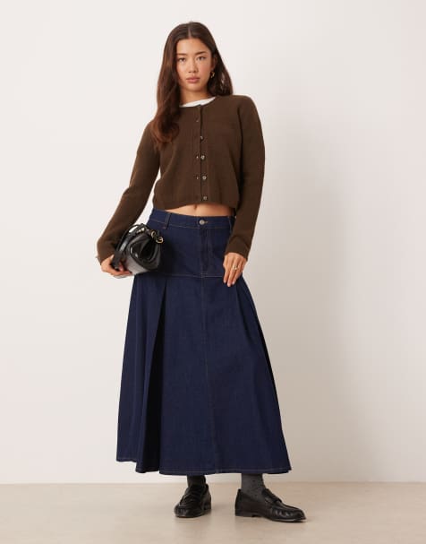 ASOS DESIGN - Denim midi rok met dubbele plooien in indigo - view 1