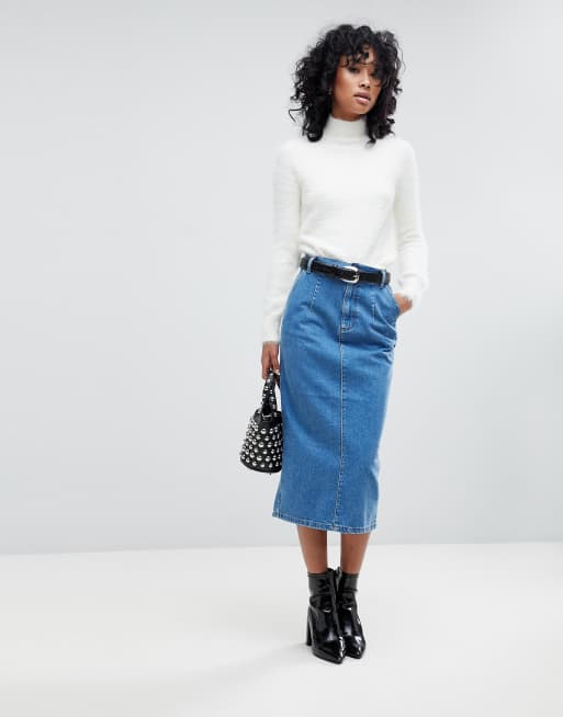 Women's Tall Split Front Denim Midi Skirt Boohoo UK