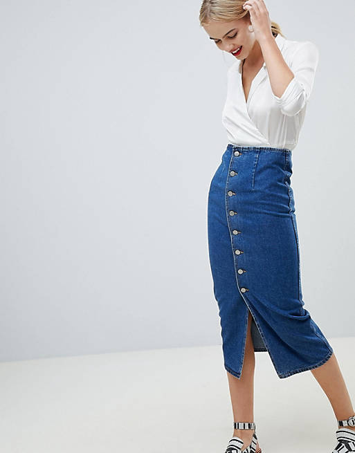 ASOS DESIGN denim midi skirt with buttons in midwash blue | ASOS