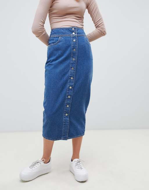 ASOS DESIGN denim midi skirt with poppers in midwash blue