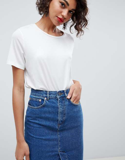 ASOS DESIGN denim midi skirt with split front in midwash blue