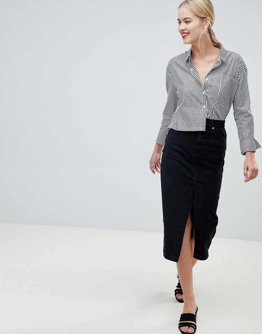 ASOS DESIGN denim midi skirt with split front in washed black