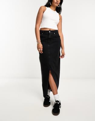 denim midi skirt with split hem in washed black