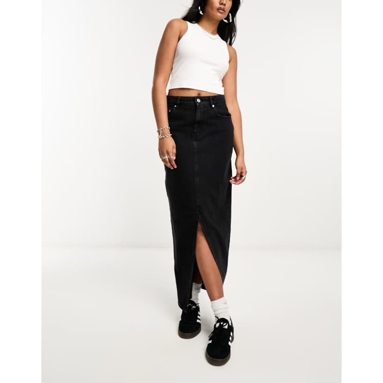 ASOS DESIGN denim midi skirt with split hem in washed black ASOS