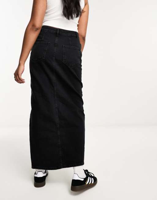 ASOS DESIGN denim midi skirt with split hem in washed black