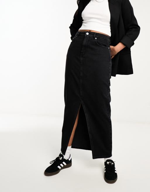 ASOS DESIGN denim midi skirt with split hem in washed black