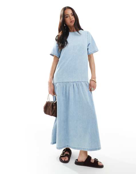 ASOS DESIGN - Denim midi T-shirtjurk met lage taille in midwash blauw - view 1